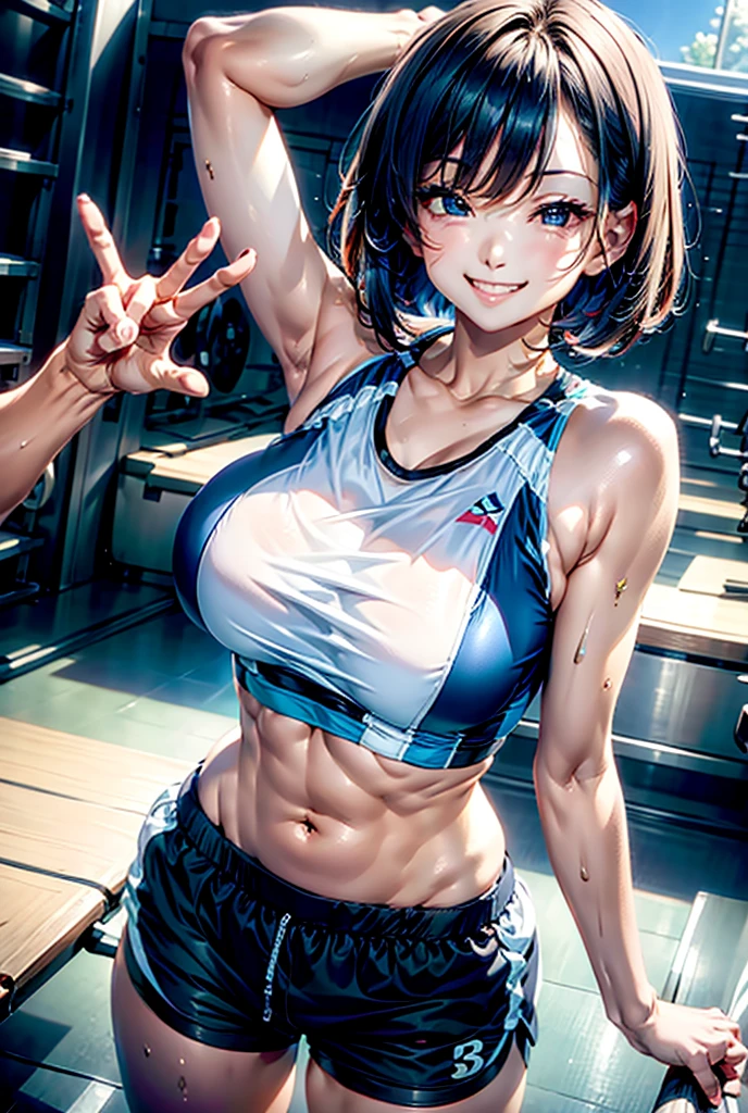 Medium bob、In a sports bra and shorts、Make a peace sign、Looking at me, smiling and winking