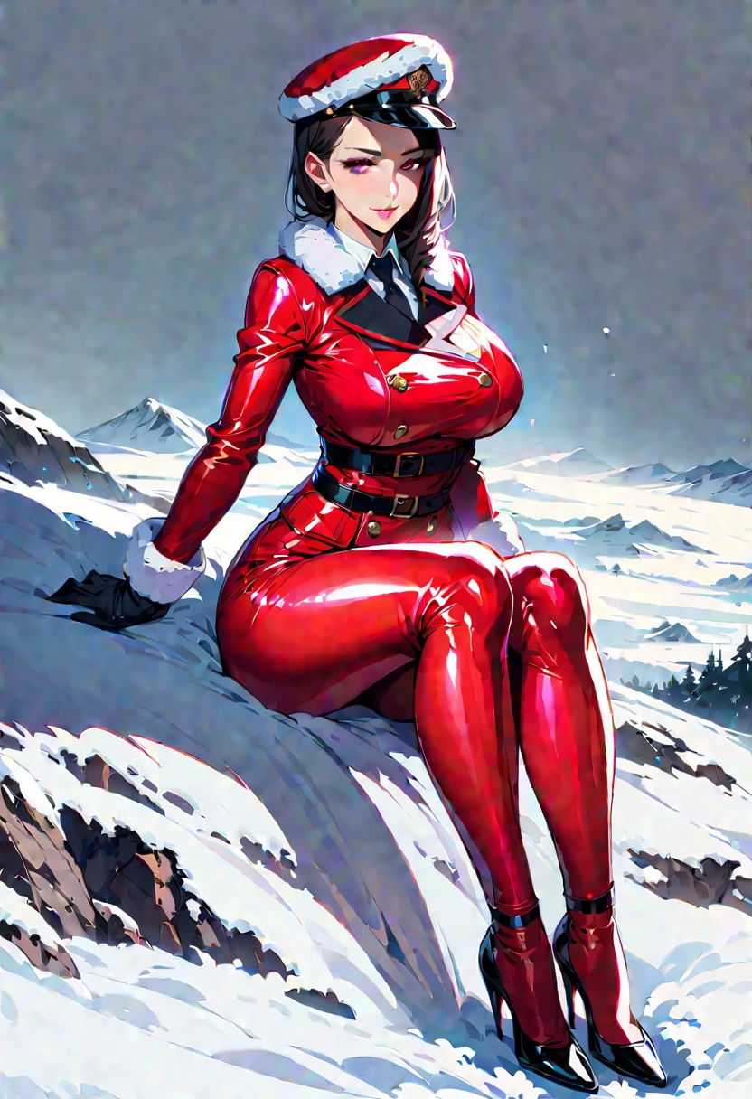 Mature beautiful woman,(Highest quality,Extremely detailed depiction,Incredibly absurd high resolution,Anatomically accurate depiction,Curvy Legs,Shiny skin,Porcelain-like skin,Perfect body),(Sexy female soldier,uniform,High heels,black tights,Hats for the winter,latex,Winter coat,Winter equipment),eyelash,Flashy makeup,eye shadow,Intensely glowing purple eyes,Half-closed eyes 1.4,Large Breasts,Glossy pink lips,Shadowed face,A seductive smile,whole body:1.2,(background:Snowfield:1.3),Snow Scene,It&#39;s snowing,Side view:1.3