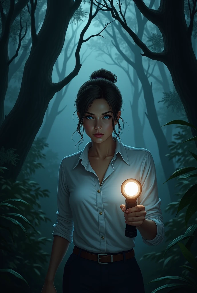 An adult white American woman with brown hair tied in a bun and blue eyes wearing a white button-down shirt in the woods with a flashlight in her hand and a horror setting