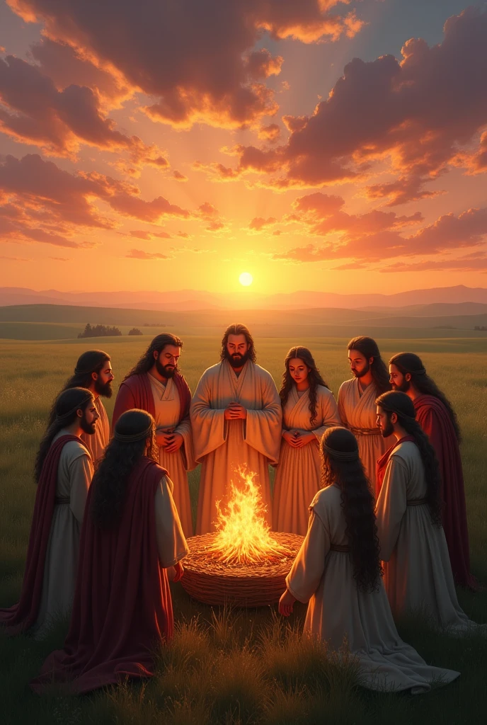 Good, his wife and 10 adult children worshiping God before a burning altar, in the background a green plain at sunset