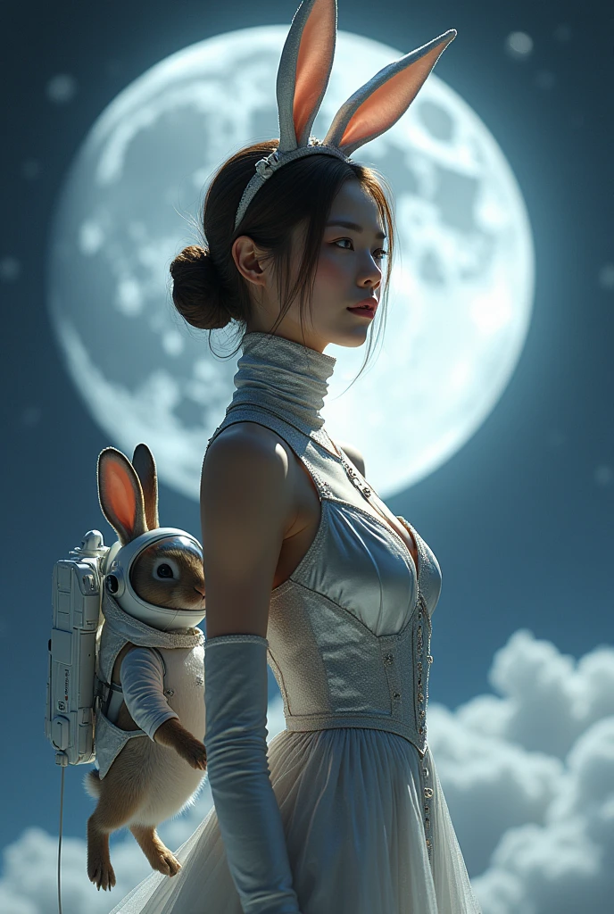 A seductive Japanese woman, 2, dressed elegantly in a high-necked silver bunny girl costume in outer space、Her hair is light brown and tied in a ponytail, with a rabbit ear ornament on top of her head.、The photo shows her with a small chest and a calm expression.、It shows her inner peace and outer charm.。A rabbit dressed in a space suit floats next to him.。Full moon in the background。