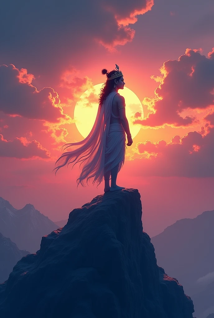 Lord krishna standing on a mountain durind sunset with fully black  shadowonly sunset background is seeing behind him