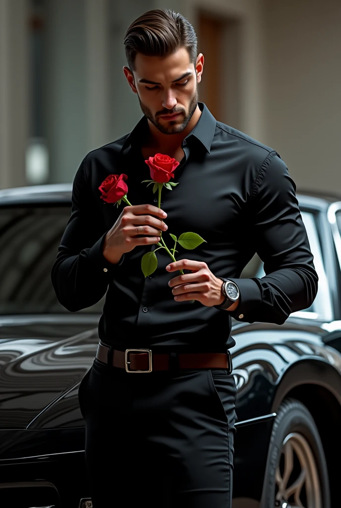 a man wearing black shirt and dress pent holding and seeing rose flower while near on a GLI car,s bonnet in sexy look