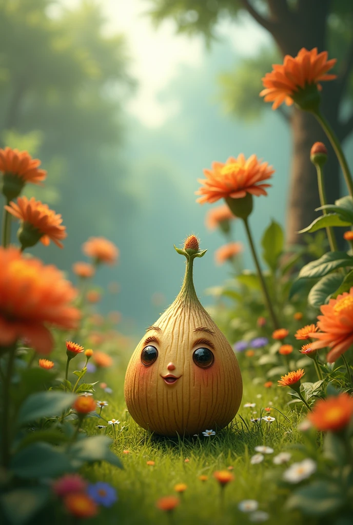 just a SMALL seed with face surrounded with big flowers and BIG plants and BIG trees in a meadow.