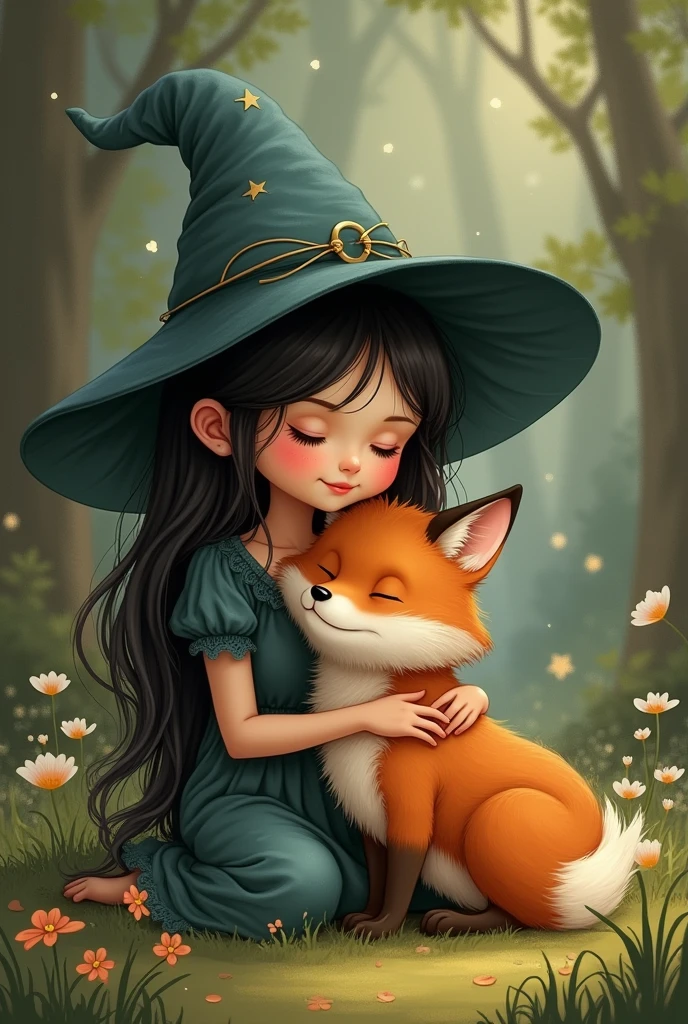 Create a drawing of a little witch with a fox on her lap in the same style as artist Aria Illustration