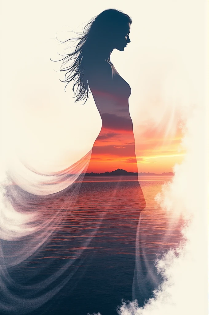 high quality, 8K Ultra HD, A beautiful double exposure that combines an goddess silhouette with sunset coast, sunset coast should serve as the underlying backdrop, with its details incorporated into the goddess , crisp lines, The background is monochrome, sharp focus, double exposure, by yukisakura, awesome full color,