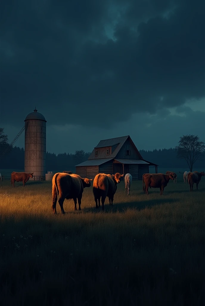 a cattle farm, dark background in the midnight (best quality,4k,8k,highres,masterpiece:1.2),ultra-detailed,(realistic,photorealistic,photo-realistic:1.37),HDR,UHD,studio lighting,ultra-fine painting,sharp focus,physically-based rendering,extreme detail description,professional,vivid colors,bokeh,dramatic lighting,chiaroscuro,dark shadows,dramatic atmosphere