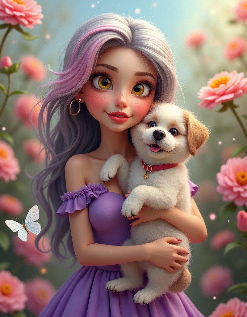 detail, Realism, 4K, , facial detailing, large yellow eyes, Plump lips, Upturned nose, Gray hair on pink hair, Wearing a Purple dress, Dog in his hands, ((happy)), Flowers in the background, White butterfly in the foreground, Realistic shooting, depth of fields, Soft front light, Glow, nffsw (PastelColors: 1.2), Canon RF 100mm f2.8L 宏 IS USM