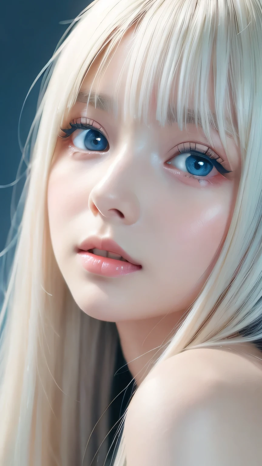 A perfectly beautiful face、Messy silky beautiful blonde hair、A beautiful 1 Scandinavian beauty、Very beautiful beautiful bright pale sky blue big eyes、Very long beautiful natural platinum blonde silky shiny hair、Long beautiful bangs、Very big eyes、Small Face Beauty、eyeliner、very white shiny skin、Gloss Face、Cheek gloss、Hair above the eyes、片Hair above the eyes、Hair between the eyes、