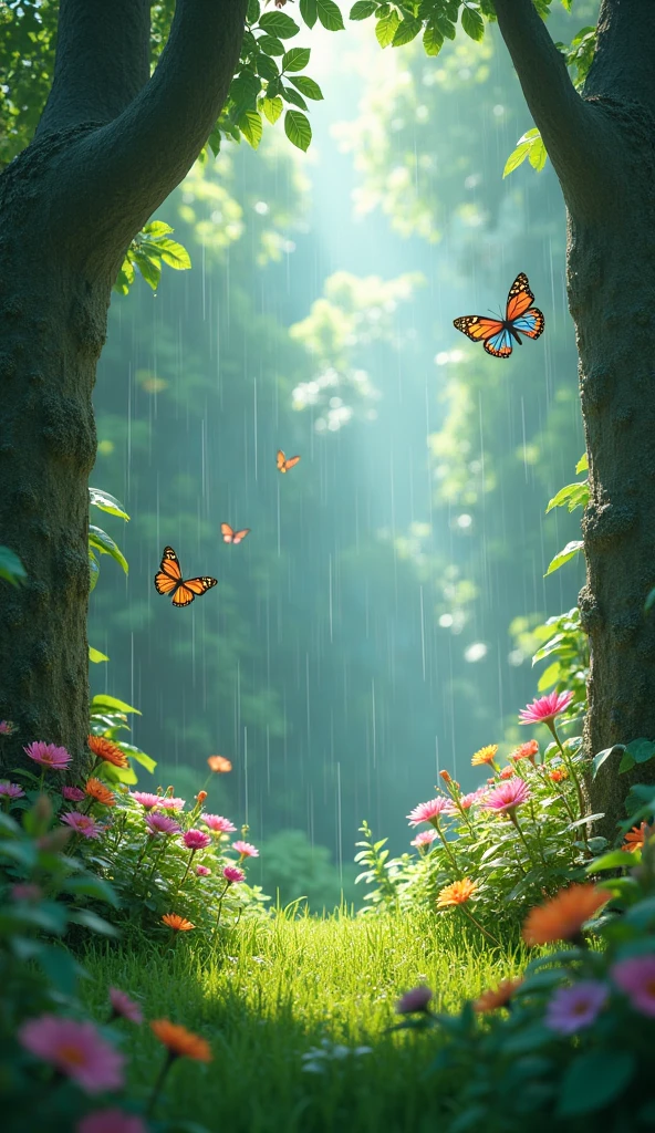 A 3d jungle beautiful trees grassy land flowers butterfly on plants raining