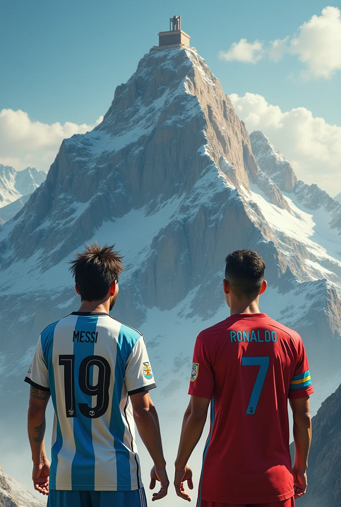 Lionel Messi with argentina jersey number 19 and Cristiano ronaldo with Portugal jersey number 7 turned backside and looking to a throne above a mountain . Messi should be shorter than ronaldo and he should have more hair than ronaldo