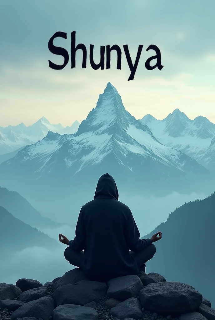 I want to create a youtube thumbnail for a rap song whose name is shunya means zero . In tue image a man is sitting on the top of mountains with a dark shade and a dark text on the image of shunya and very beautiful view and image ratio is 16:9 landscape and the distance between text and man not so much