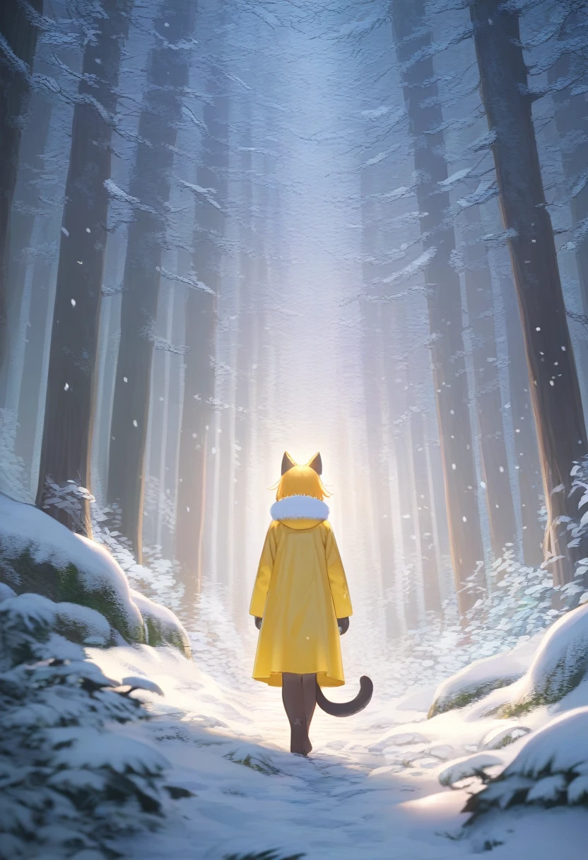 ((Masterpiece)), ((Best Quality)), (Very Detailed), ((Very Detailed)), 4K, (8K), very aesthetic, absurdres highres, 1 woman, (anthropomorphic cat, furry, kemono:1.5), A woman wearing a bright yellow raincoat is walking alone in a snow-covered forest. Fluffy snow is falling and is thickly piled up on the ground. The waterproof material of the raincoat reflects the light, and the trees in the background are covered in snow, creating a calm and peaceful atmosphere.

