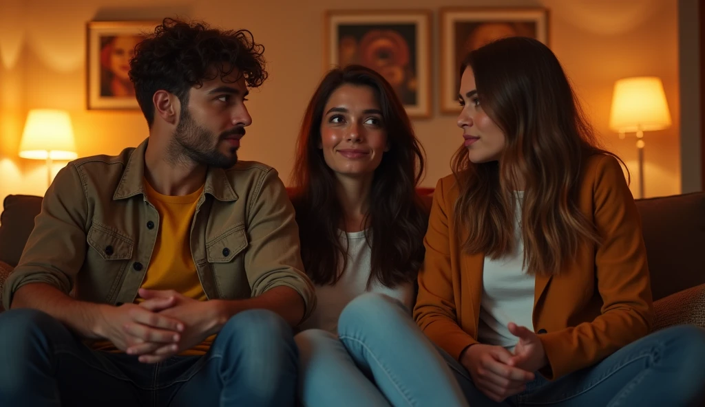 Prompt: A highly realistic, high-contrast, 8K HD, detailed, hyper-detailed image of three young men and women sitting on sofas in an American-style room, illuminated by warm, orange lighting. The room is cozy with modern furniture, and the atmosphere is relaxed as they engage in conversation. The faces of the individuals are clearly visible, with distinct, serious or neutral expressions, and hairstyles that can be easily recognized and replicated. The scene captures the casual and friendly vibe of the group in a comfortable, inviting setting, without any smiling expressions.