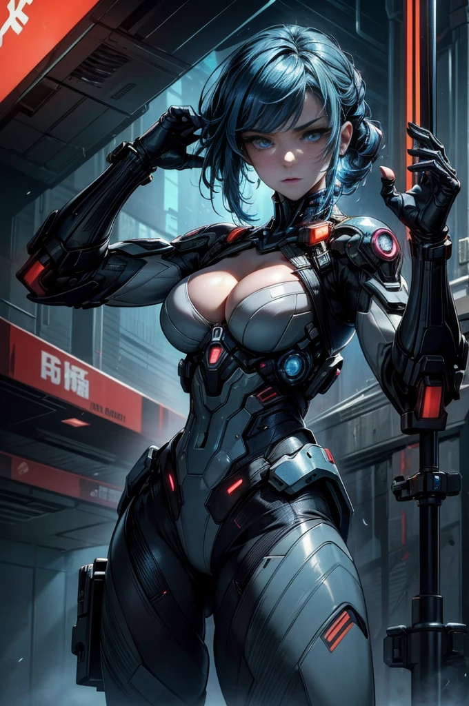 16K quality、Cinema Lighting,Highly detailed skin、Beautiful quality with attention to detail,High resolution、Perfect Anatomy,(cyber punk、Exchange、Dim color, Calm tone:1.3)Girl Soldier On The Battlefield,(Beautiful features down to the last detail.、blue eyes、Cleavage:1.3)Blue Hair、Sexy battle suit、with a gun in hand(Pose with one hand raised:1.2)desert garrison、spark、An explosion occurred from the ground,ghost in the Shell