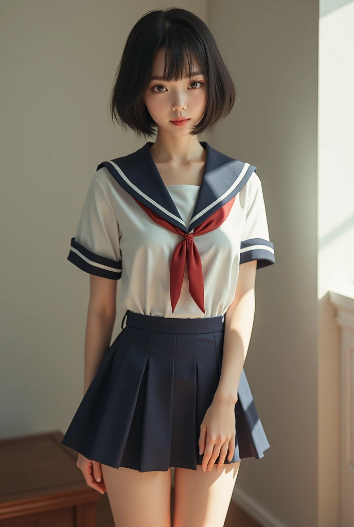 Similar to Japanese actress Kyoko Fukada、Hair is short bob　uniform　loose socks　Mini skirt high socks、E cup breasts　whole body　

