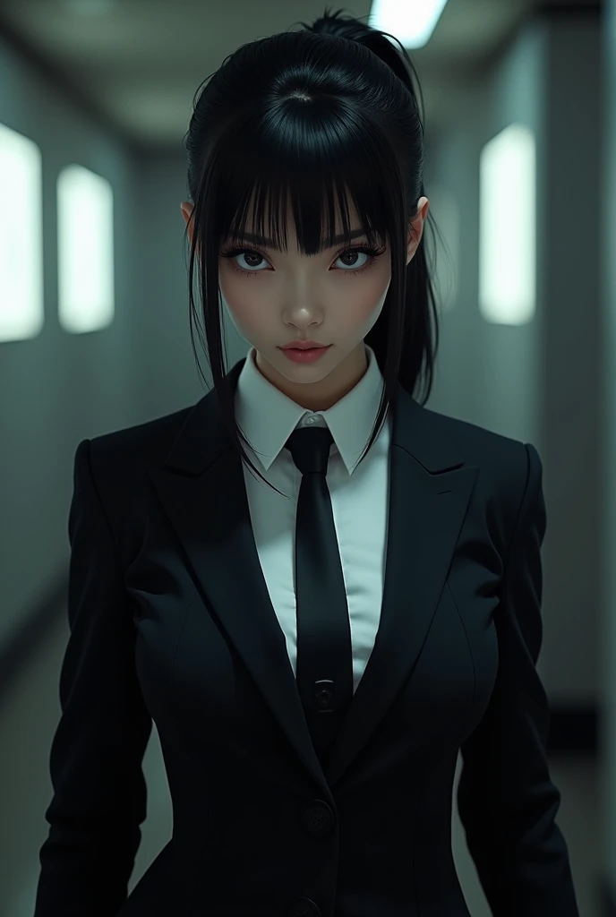 James bond female modeled after sonata Dusk ponytail with black suit white shirt and black necktie black hair color with Grey blue eyes chaotic neutral novel Istp