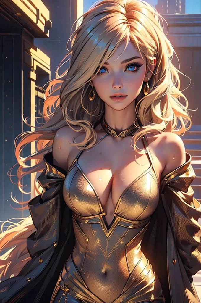 ((((masterpiece, best quality, high resolution)))), Extremely detailed 8K, Beautiful girl with slender body, (Ultra HD, Ultra-detailed, Highly detailed, Highly realistic, Ultra-realistic, photograph realistic), (1girl:1.5), (Realistic blonde hair with dark roots), wavy hair, boho bob cut,(dark makeup, pink eyeshadow), facing at camera, light smile, (beautiful detailed face, beautiful detailed eyes), (sexy space outfit), see through top, cleavage, glow, sweat, (space cruise, detailed makeup, gold bracelet