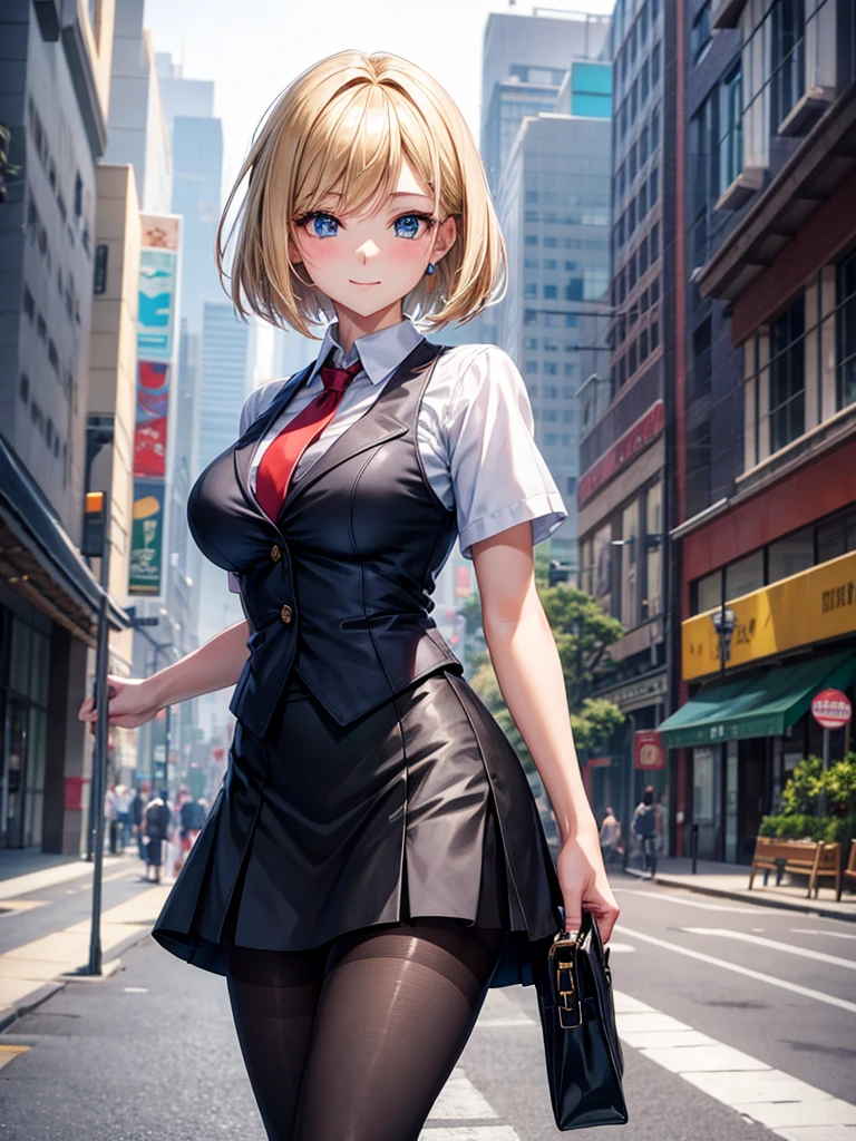 Anime style, super fine illustration, highly detailed, beautiful detailed, perfect detailed, super high quality image, static representation, gentle expression, happy expression, the pretty image, 8k, pretty 1girl with blonde straight short hair & blue eyes & a bright smile & full bust & soft fair skin is a female secretary not to show her skin wearing the business shirt & vest & black tight skirt & black pantyhose on the urban business buildings street, in the morning, happy stories, solo, perfect fingers, no more fingers, no less fingers, perfect arms, no more arms, perfect legs, no more legs, masterpiece.
