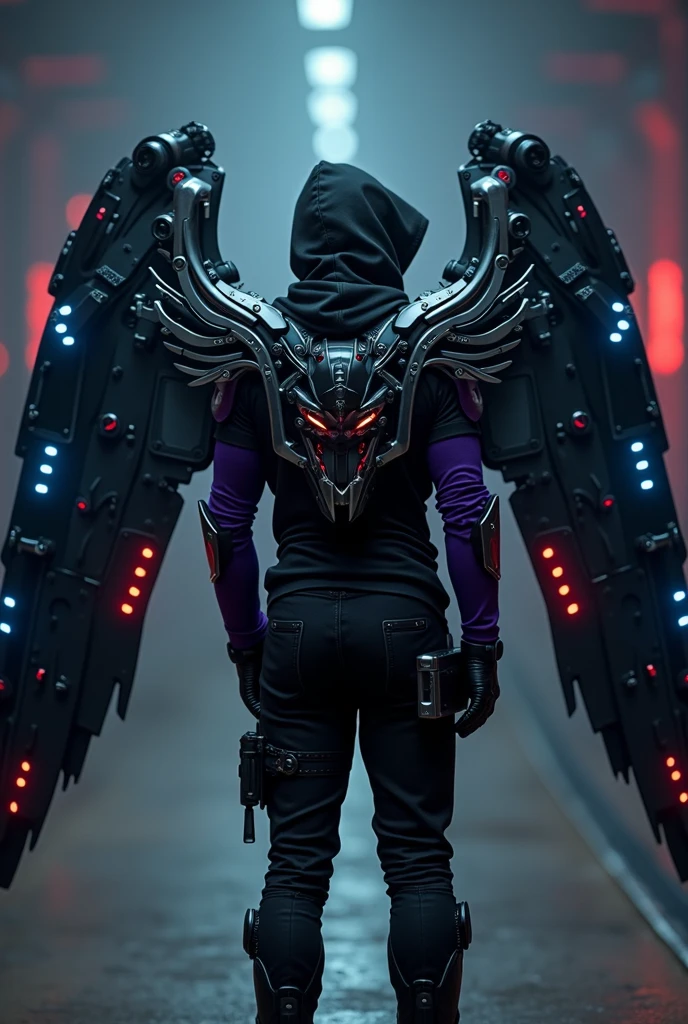  
A man stands with his back to the viewer, dressed in futuristic tactical gear. His outfit is a mix of modern tank designs and high-tech elements, mainly in black, with purple accents, silver, neon blau, and red. On his back, he has mechanical wings made of shiny metal, adorned with neon lights that glow in blue and red. The wings are elaborately designed, with a touch of futuristic technology. The man is wearing a hood, which is pulled low over his head, his face hidden in the shadow. The scene is dark and mysterious, with a slightly futuristic shimmer from the neon lights. The wings are reminiscent of angel wings and are retracted. The wings are bigger than the man. The wings are attached to his back 