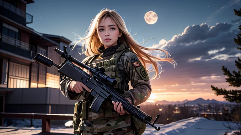 Photorealistic、Realistic skin texture、high resolution、High definition、Arabian girl in camouflage uniform、There is a Japanese flag patch on the shoulder.、Very beautiful 1 female soldier、Aiming an automatic rifle、Rapid-fire rifle、Blonde medium-long hair、State-of-the-art fighters、A military helicopter flies in the sky、The background is a skyscraper district、Smoky battlefield、The background is the night sky、Full moon in the sky、The person is a full-body angle、Watching the audience