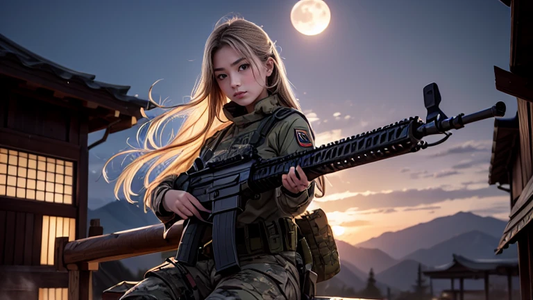 Photorealistic、Realistic skin texture、high resolution、High definition、Arabian girl in camouflage uniform、There is a Japanese flag patch on the shoulder.、Very beautiful 1 female soldier、Aiming an automatic rifle、Rapid-fire rifle、Blonde medium-long hair、State-of-the-art fighters、A military helicopter flies in the sky、The background is a skyscraper district、Smoky battlefield、The background is the night sky、Full moon in the sky、The person is a full-body angle、Watching the audience