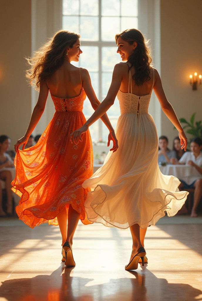 2 girls, wearing summer dress, dance in hall,
masterpiece,