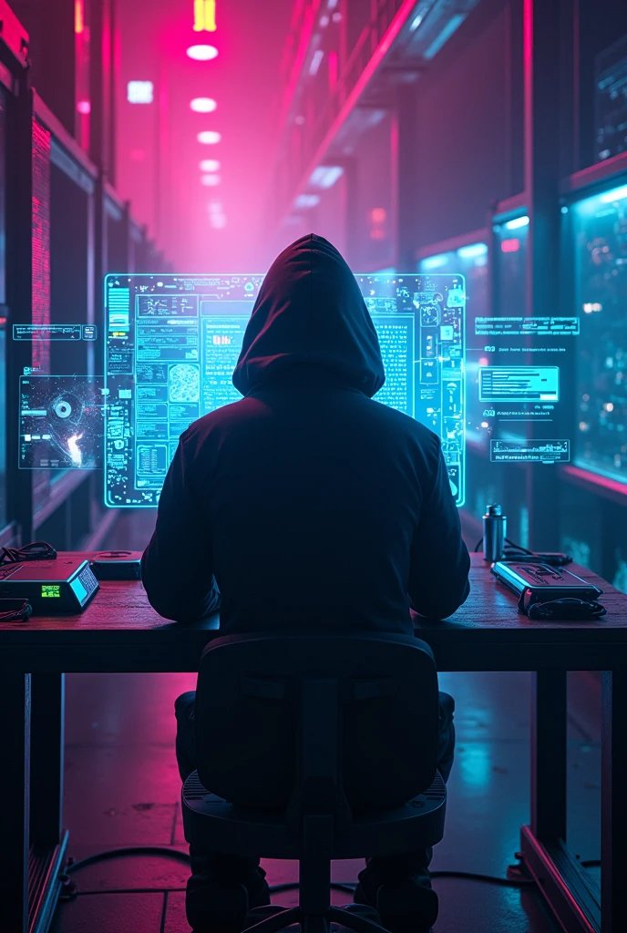 Hacker neon digital background in pink, blue, purple and black