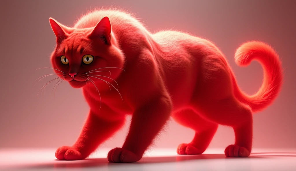 A red cat with a strong body, add a red light effect on each side of his body