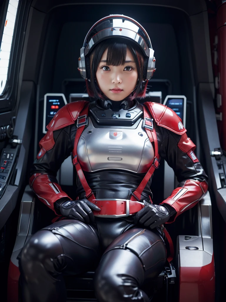 masterpiece, Highest quality, Very detailed, Japanese Android girl,Plump,Slightly thicker,Control panel,Android,cyborg,Blunt bangs,Sitting in the cockpit,Red robot suit,Harness Belt,Helmet