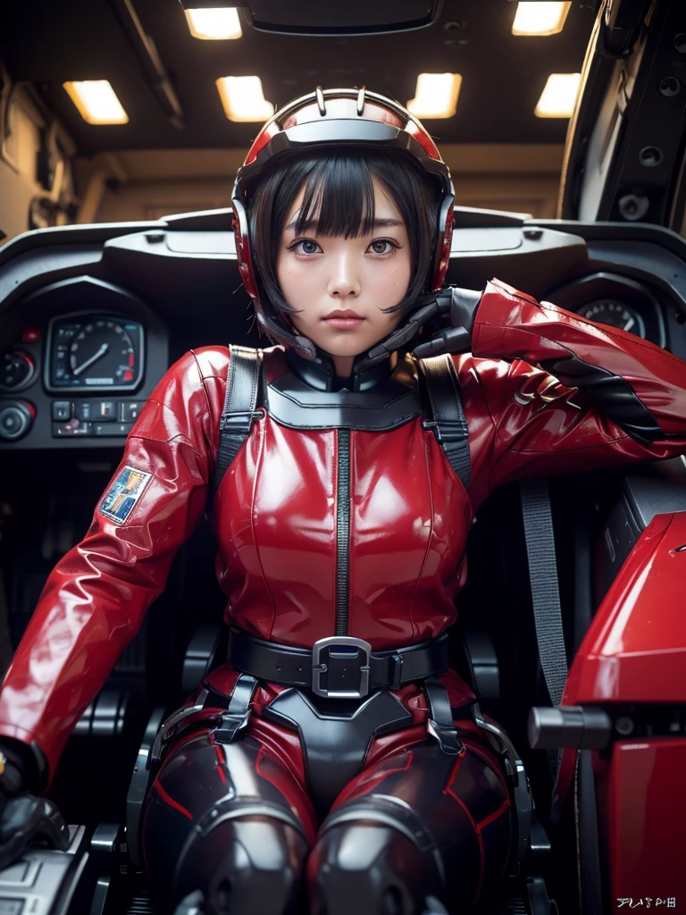 masterpiece, Highest quality, Very detailed, Japanese Android girl,Plump,Slightly thicker,Control panel,Android,cyborg,Blunt bangs,Sitting in the cockpit,Red robot suit,Harness Belt,Helmet