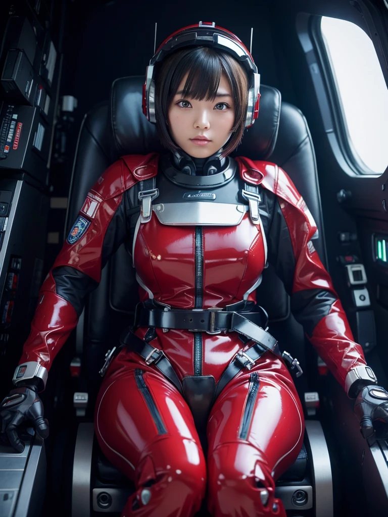 masterpiece, Highest quality, Very detailed, Japanese Android girl,Plump,Slightly thicker,Control panel,Android,cyborg,Blunt bangs,Sitting in the cockpit,Red robot suit,Harness Belt,Helmet