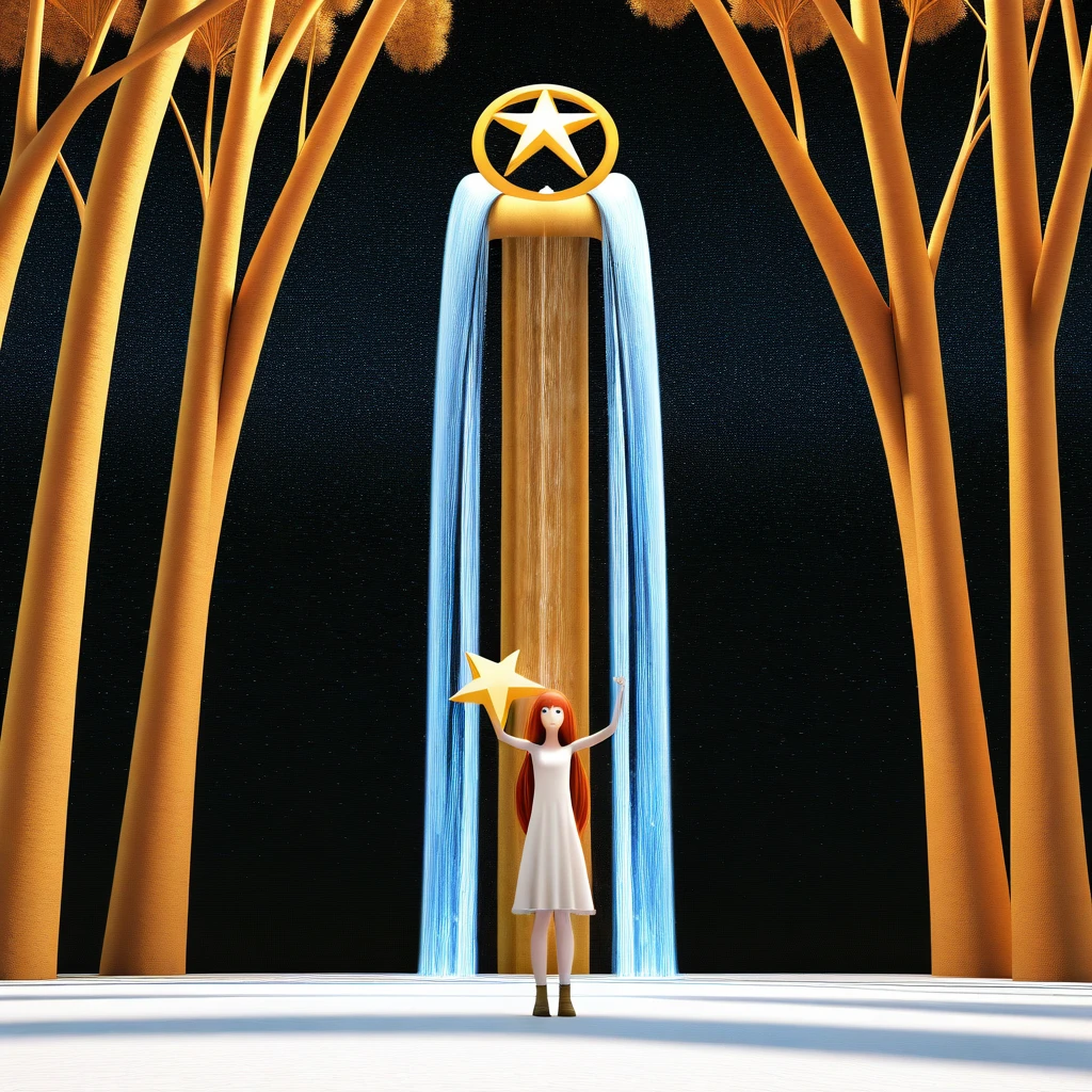 3d rendered, tall trees,wonder young lady, with oversize hairs,holding a big star with cosmic waterfall, Gustav klimt