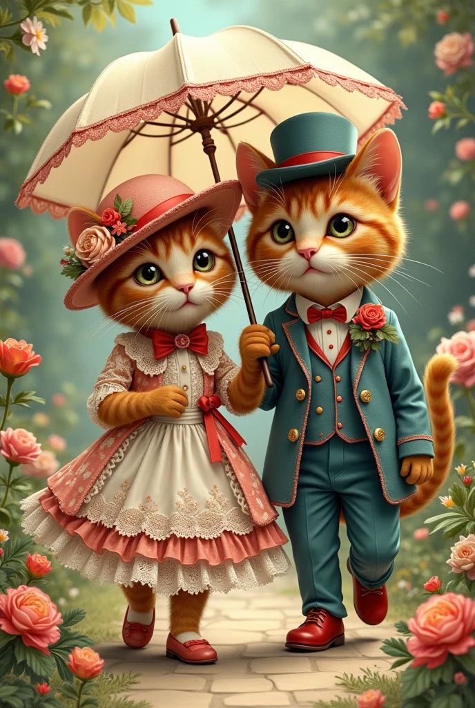 Mom cat and dad cat in chintz lace outfits and a hat with feathers, decorated with flowers and ribbons, in red shoes and a guipure umbrella in their paws, walk in a blooming sunny garden , Retro style