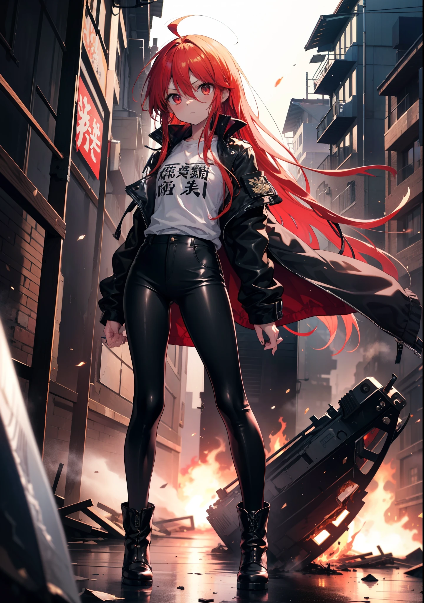 Shana,灼眼のShana,Long Hair, Redhead, Red eyes, Ahoge,Small breasts,Serious face,black rider jacket,Black T-shirt,Leather pants,boots,rubble,The town is collapsing,Explosive Flame,A long Japanese sword wrapped in flames:1 is stuck in the ground,night,moonlight,Are standing,whole bodyがイラストに入るように,　　　　　　　　　　　　　break outdoors, Building district,　　　　　　　　　　　　　　　break looking at viewer, whole body, 　　　　　　　　break (masterpiece:1.2), Highest quality, High resolution, unity 8k wallpaper, (shape:0.8), (Beautiful attention to detail:1.6), Highly detailed face, Perfect lighting, Extremely detailed CG, (Perfect hands, Perfect Anatomy),