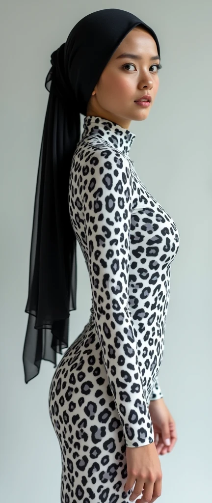the beautiful,slender thin and clever Malaysian muslimah adult female girl with beautiful cheeks wears white colour leopard print lycra turtleneck unitard catsuit covered with black seamless spots and always wear white leopard colour print lycra elastane stretchy dance wear hijab covered with black seamless spots.She is very super beautiful.