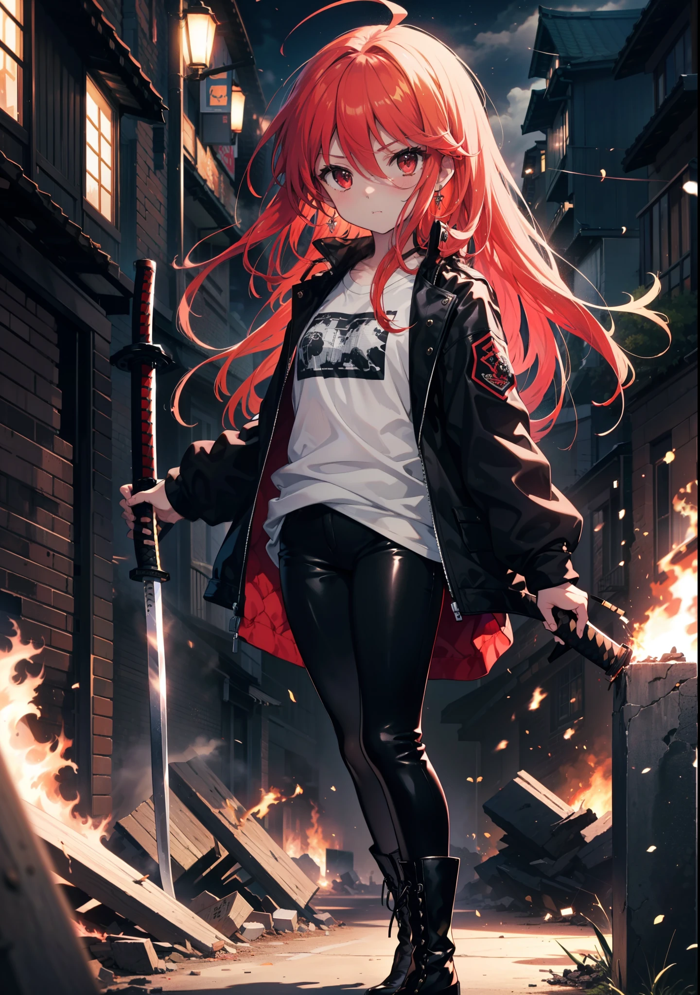 Shana,灼眼のShana,Long Hair, Redhead, Red eyes, Ahoge,Small breasts,Serious face,black rider jacket,Black T-shirt,Leather pants,boots,rubble,The town is collapsing,Explosive Flame,A long Japanese sword wrapped in flames:1 is stuck in the ground,night,moonlight,Are standing,whole bodyがイラストに入るように,　　　　　　　　　　　　　break outdoors, Building district,　　　　　　　　　　　　　　　break looking at viewer, whole body, 　　　　　　　　break (masterpiece:1.2), Highest quality, High resolution, unity 8k wallpaper, (shape:0.8), (Beautiful attention to detail:1.6), Highly detailed face, Perfect lighting, Extremely detailed CG, (Perfect hands, Perfect Anatomy),