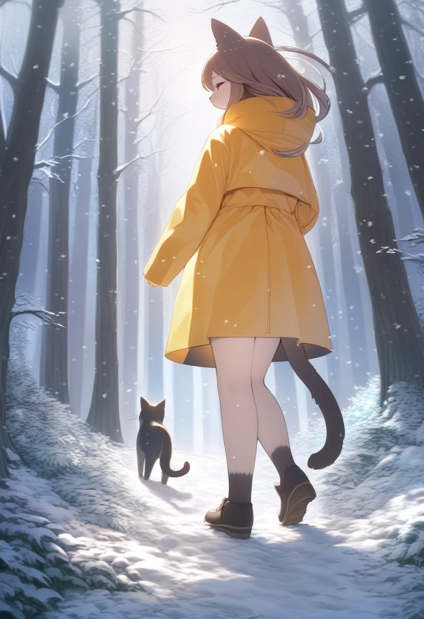 ((Masterpiece)), ((Best Quality)), (Very Detailed), ((Very Detailed)), 4K, (8K), very aesthetic, absurdres highres, 1 woman, (anthropomorphic cat, furry, kemono:1.5), A woman wearing a bright yellow raincoat is walking alone in a snow-covered forest. Fluffy snow is falling and is thickly piled up on the ground. The waterproof material of the raincoat reflects the light, and the trees in the background are covered in snow, creating a calm and peaceful atmosphere. The contrast between the bright yellow and the whiteness of the snow is beautiful, and the movement of the woman and the falling snow are dynamically depicted. The soft contrast between light and shadow adds depth to the scene, and the woman's facial expressions and posture convey the emotion.
