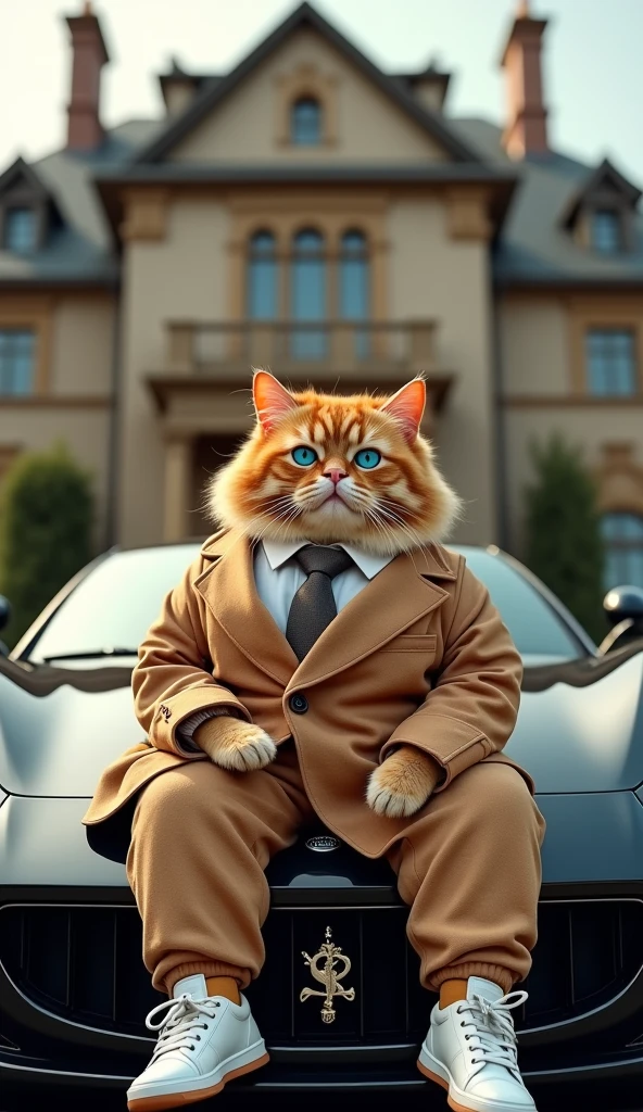 Make a picture of a fat orange cat with blue eyes, flat nose, facing the camera, pakai jas, sports shoes and tie, sitting relaxed on the hood of a luxury car with a luxury house in the background, Wide, full body, 8k super realistic