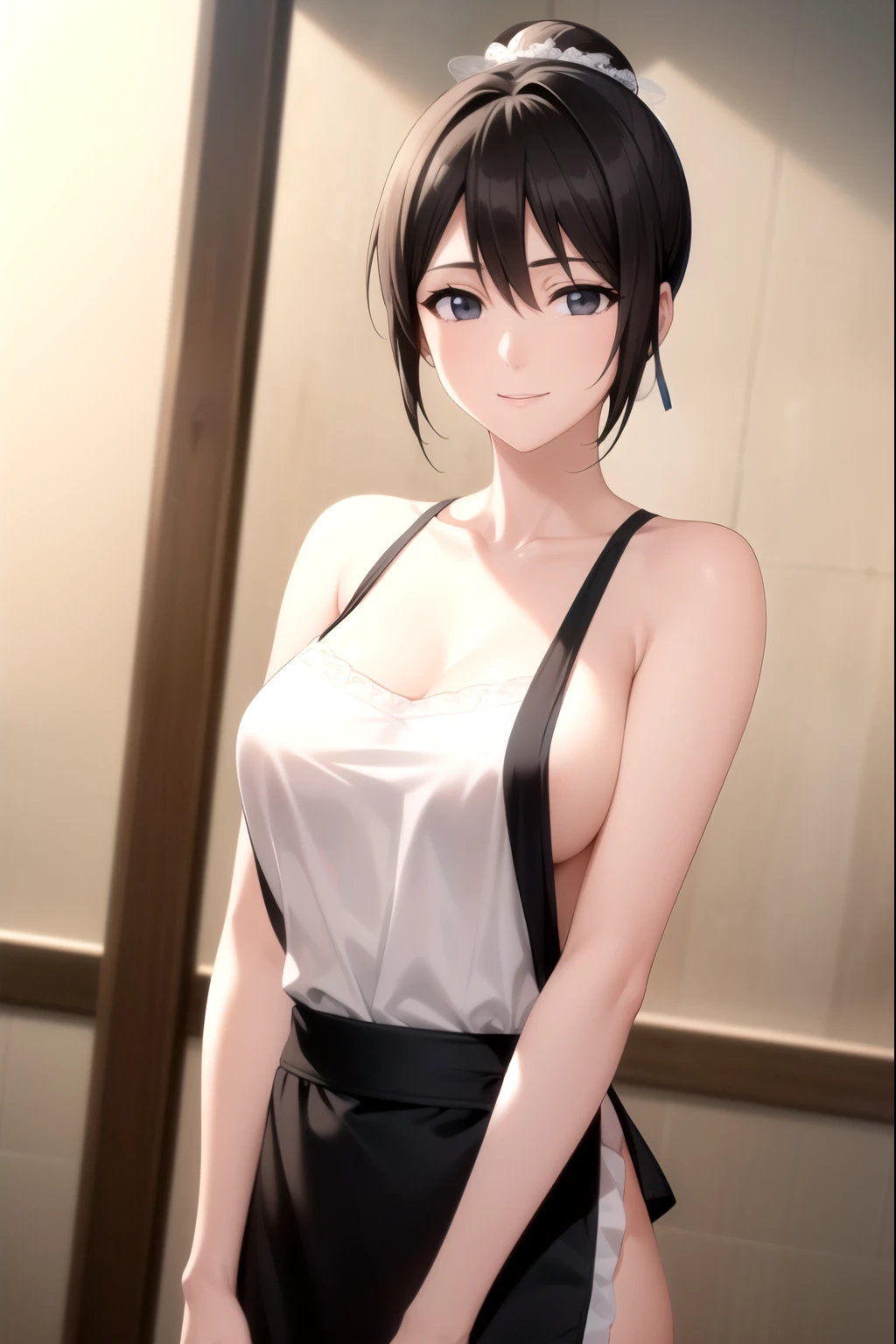 Romantic Love, Bamboo-type, Black Hair, Hair Bun, single Hair Bun, Steamed bun cover, short hair, (black eyes:1.5), naked apron, rest outdoors, rest looking at viewer, rest (masterpiece:1.2), best quality, high resolution, Unity 8K wallpaper, (illustration:0.8), (Beautiful and delicate eyes:1.6), Extremely detailed face, Perfect lighting, Extremely detailed CG, (Perfect hands, Perfect anatomical structure), smile, happy