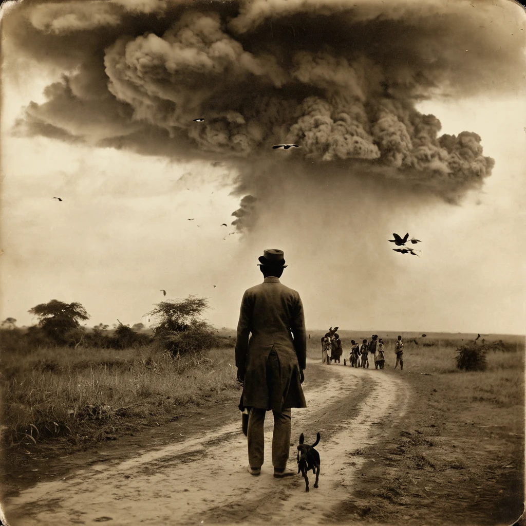 1920s tintype photograph from india, exterior, sepia, human figure in wide shot, looking at the camera,
Oh frantic birds, thou art wild.
The visible black clouds of doom,
That flies in the night
In the howling storm:
Has found out thy chaos
Of dogs running amok,
And his dark spiral secret love
Does thy life destroy.