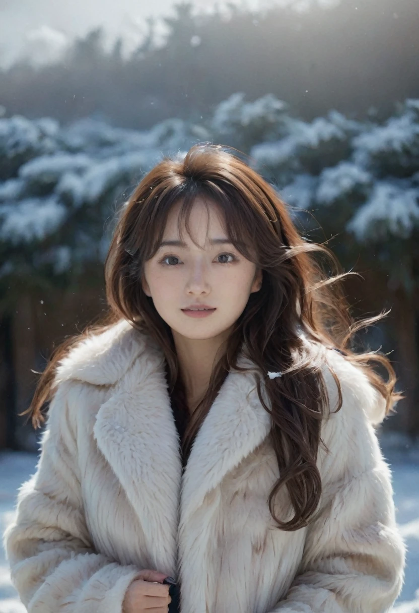 (mesa、of the highest quality、8k、Award-winning works、ultra high resolution)、a beautiful japanese woman、(thick and large fur coat:1.3)、(A high-qualHey coat filled wHeh fluffy fur:1.2)、Brown hair、(long wavy hair:1.1)、Great cinema lighting.、(The most romantic and moody atmosphere.:1.1)、winter、snow scene、He'It's snowing、(Walking in the snow in Northern Europe:1.1)、look at me、(very big breasts:1.1)、blurred background、precise anatomy、Cabello ultra HD、ultra high resolution for perfect, beautiful teeth、Ultra High Definition Facial Beauty、Cabello ultra HD、ultra high resolutionの輝く瞳、bright, ultra high resolution beautiful skin、ultra high resolutionの艶やかな唇、(Closeup of face:1.1)、(Elegant round glasses:1.1)