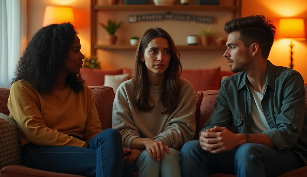 Prompt: A highly realistic, high-contrast, 8K HD, detailed, hyper-detailed image of three young men and women sitting on sofas in an American-style room, illuminated by warm, orange lighting. The room is cozy with modern furniture, and the atmosphere is relaxed as they engage in conversation. The faces of the individuals are clearly visible, with distinct, serious or neutral expressions, and hairstyles that can be easily recognized and replicated. The scene captures the casual and friendly vibe of the group in a comfortable, inviting setting, without any smiling expressions.