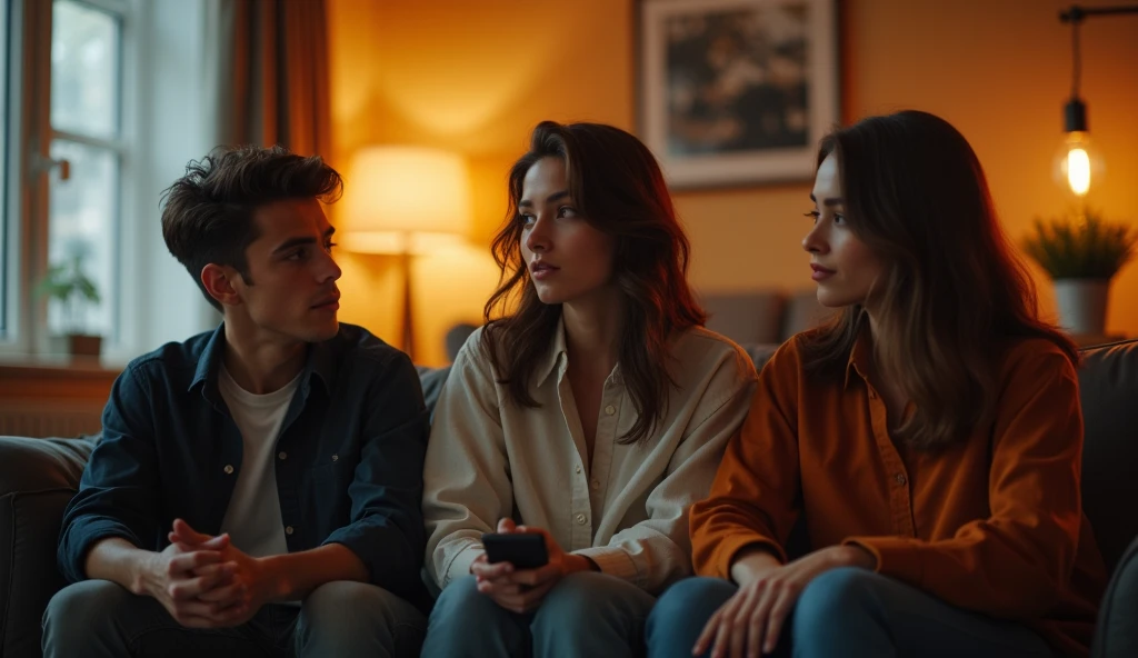 Prompt: A highly realistic, high-contrast, 8K HD, detailed, hyper-detailed image of three young men and women sitting on sofas in an American-style room, illuminated by warm, orange lighting. The room is cozy with modern furniture, and the atmosphere is relaxed as they engage in conversation. The faces of the individuals are clearly visible, with distinct, serious or neutral expressions, and hairstyles that can be easily recognized and replicated. The scene captures the casual and friendly vibe of the group in a comfortable, inviting setting, without any smiling expressions.