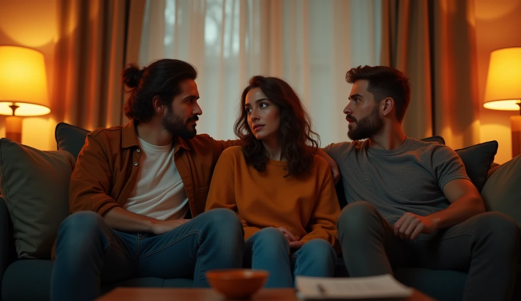 Prompt: A highly realistic, high-contrast, 8K HD, detailed, hyper-detailed image of three young men and women sitting on sofas in an American-style room, illuminated by warm, orange lighting. The room is cozy with modern furniture, and the atmosphere is relaxed as they engage in conversation. The faces of the individuals are clearly visible, with distinct, serious or neutral expressions, and hairstyles that can be easily recognized and replicated. The scene captures the casual and friendly vibe of the group in a comfortable, inviting setting, without any smiling expressions.