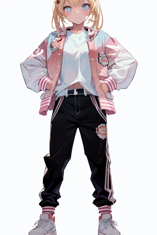 pink letterman jacket, black long pants, full body, high quality, run way, White background,