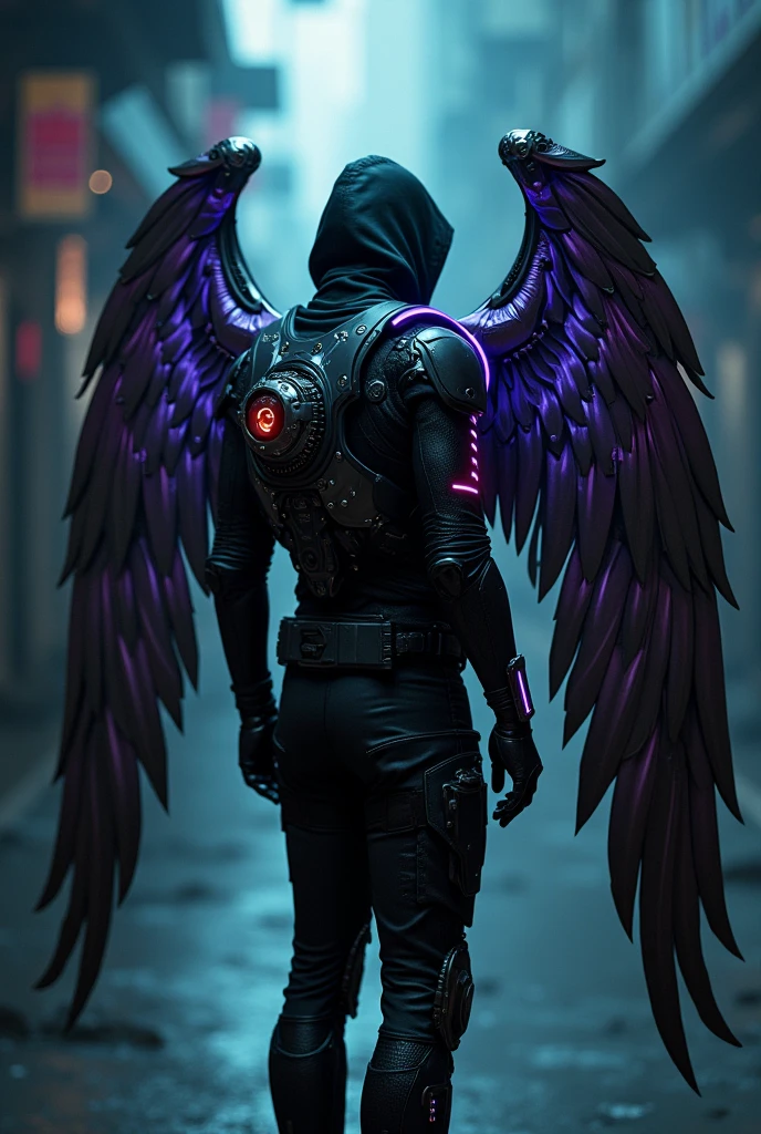 A man stands with his back to the viewer, dressed in futuristic tactical gear. His outfit is a mix of modern tank designs and high-tech elements, mainly in black, with purple accents, silver, neon blau, and red. On his back, he has mechanical wings made of shiny metal, adorned with neon lights that glow in blue and red. The wings are elaborately designed, with a touch of futuristic technology. The man is wearing a hood, which is pulled low over his head, his face hidden in the shadow. The scene is dark and mysterious, with a slightly futuristic shimmer from the neon lights. The wings are reminiscent of angel wings and are retracted. The wings are bigger than the man. The wings are attached to his back