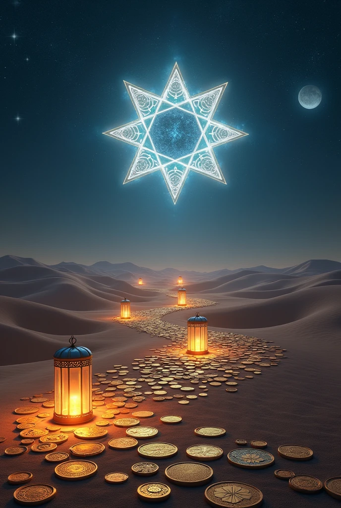 Desert full of coins and lit lanterns and a geometric star radiating light in the sky and a full moon