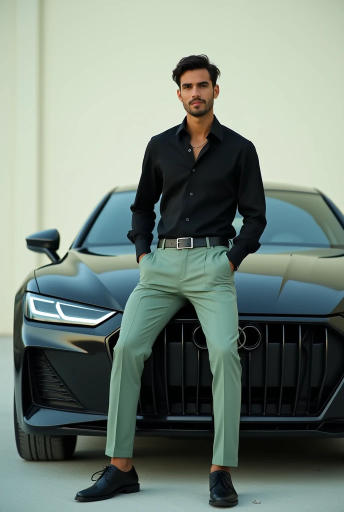 Men Car Pose with Black shirt and light  green dress pent