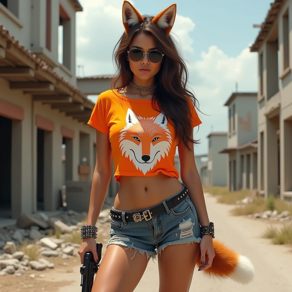 1 woman, White skin, Brown hair, athletic, big and toned legs, huge breasts, Orange t-shirt above the navel with a white wolf print, sunglasses, fox ears, Fox tail, skinny denim shorts, black puma tennis shoes, spiked bracelet, dog collar on the neck, revolver in the waist, in the background abandoned construction 
